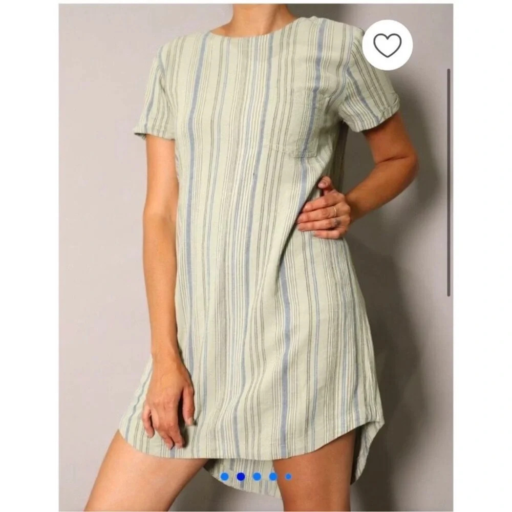 Cloth & Stone Linen Blend Tunic Dress Striped Short Sleeve Size Small Sage Green - Picture 9 of 11